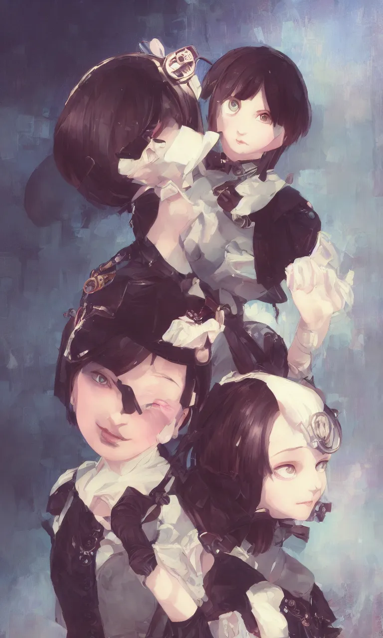 Image similar to a portrait of a cute young Victorian maid with black bob cut hair, steampunk setting, vivid colors, soft lighting, atmospheric, cinematic, moody, in the style of Ilya Kuvshinov and Range Murata, Krenz Cushart, oil on canvas, 8k