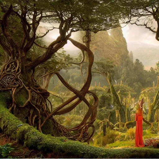 Image similar to a beautiful and highly detailed matte painting of an elven temple in a magical fantasy garden in a lush forest in the mystical mountains, celtic knots, tangled roots, knotted vines, intricate details, epic scale, insanely complex, 8 k, sharp focus, hyperrealism, very realistic, by caspar friedrich, albert bierstadt, james gurney, brian froud,