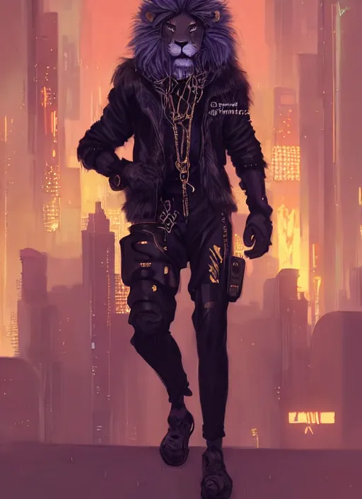 Image similar to award winning beautiful portrait commission of a male furry anthro lion fursona with a tail and a cute beautiful attractive detailed furry face wearing stylish black and gold cyberpunk clothes in a cyberpunk city at night while it rains. Character design by charlie bowater, ross tran, artgerm, and makoto shinkai, detailed, inked, western comic book art