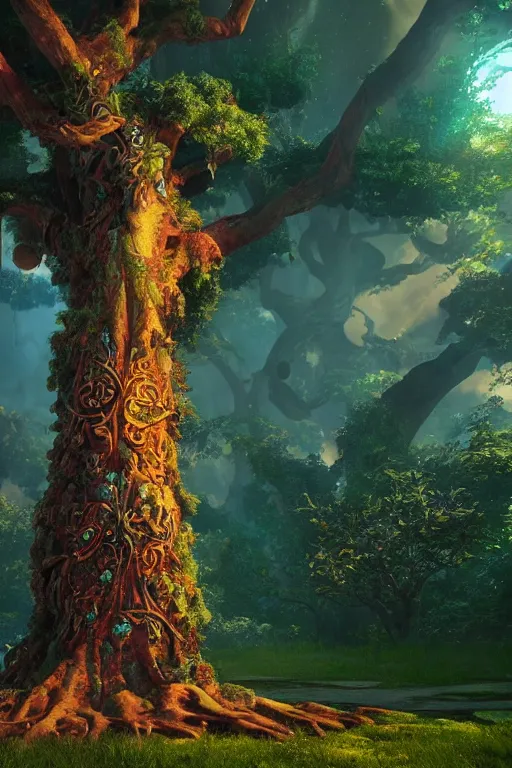 Prompt: The tree of the knowledge of good and evil, photorealistic, fantasy, unreal engine, colorful, cinematic