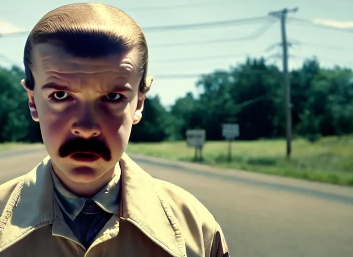 Image similar to film still of jim hopper as eleven in stranger things, 8 k