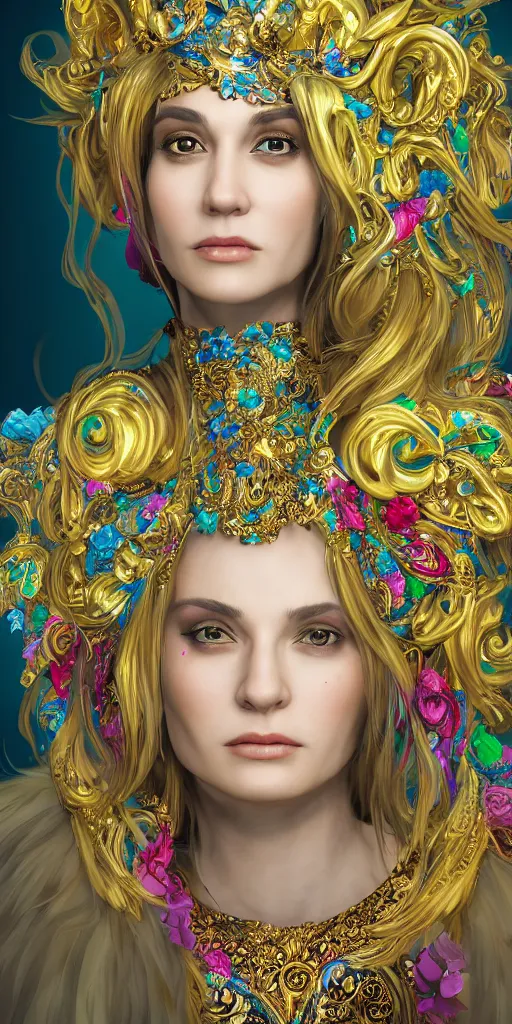 Image similar to portrait of karen 0, realistic, 4 k, fine details, wearing an ornate costume, concept art, high art, colorful