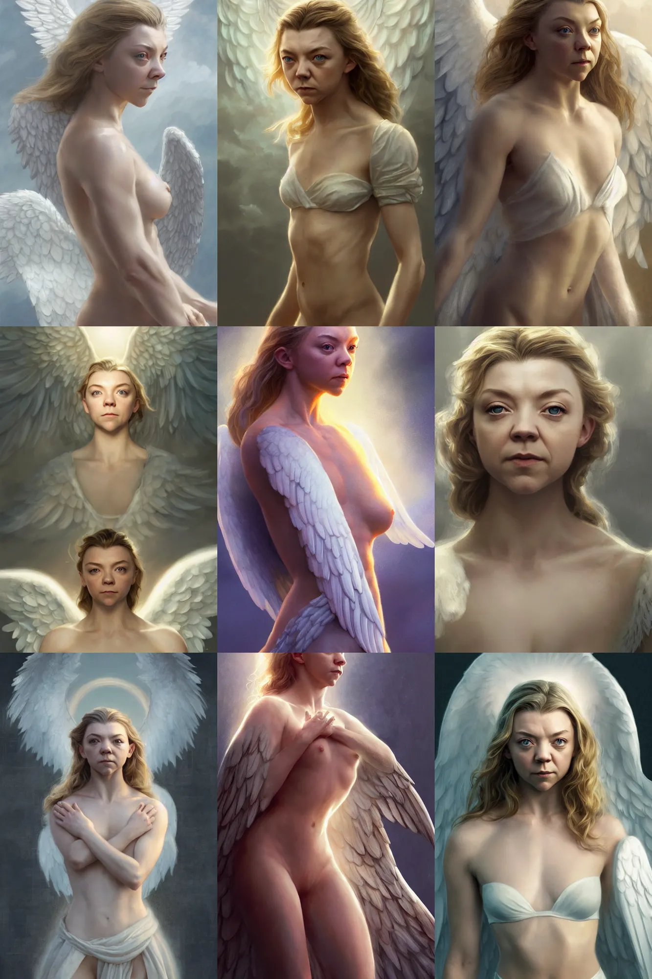 Prompt: natalie dormer as a heavenly angel, anatomy, bathing in light, highly detailed, photorealistic, artstation, smooth, sharp focus, illustration, unreal engine 5, 8 k, art by artgerm and greg rutkowski and edgar maxence