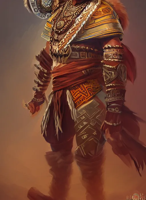 Image similar to a highly detailed illustration of tribal masked aztec warrior wearing brown robe, heroic fist pose, intricate, elegant, highly detailed, centered, digital painting, artstation, concept art, smooth, sharp focus, league of legends concept art, wlop.