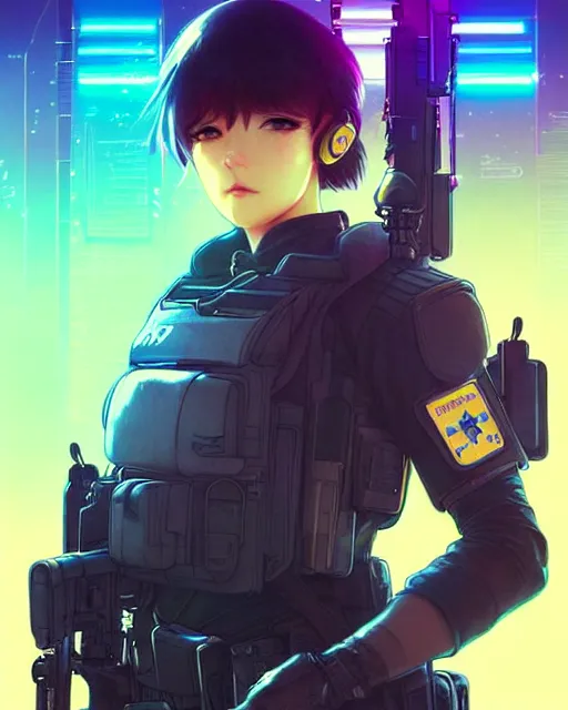 Image similar to anime key visual of a female officer, swat vest, neon, cyberpunk, futuristic, stunning, highly detailed, digital painting, smooth, soft focus, illustration, movie poster, japanese typography, digital art from artstation by artgerm and greg rutkowski and alphonse mucha