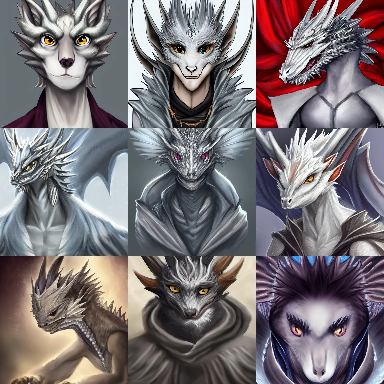 Prompt: very very beautiful half body portrait of a handsome young anthropomorphic silver dragon, soft draconic features, cute large eyes, male, wearing a luxurious silk cloak, commission on furaffinity, artstation, high quality digital art