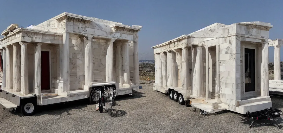 Image similar to greek tiny house on trailer that looks like the parthenon made of marble designed by iktinos and callicrates.