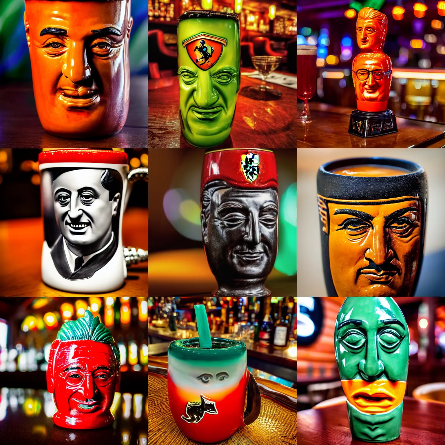 Prompt: a closeup photorealistic photograph of a glossy ferrari themed tiki mug at at a trader vic's bar featuring the face of young enzo ferrari. party. tiki theme. bright scene. fine detail. this 4 k hd image is trending on artstation, featured on behance, well - rendered, extra crisp, features intricate detail, epic composition and the style of unreal engine.