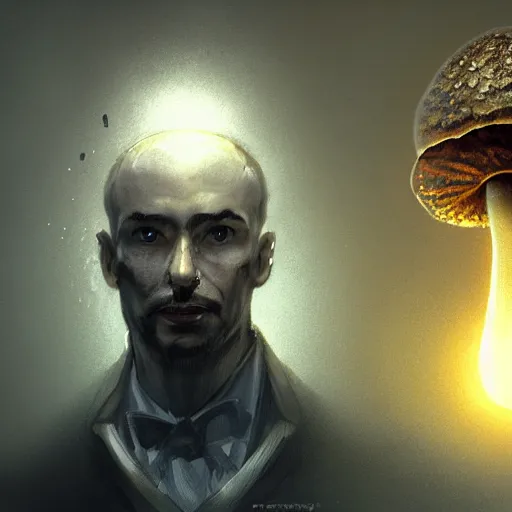 Prompt: bust portrait of a well - dressed mushroom man with a mushroom for a head, dramatic lighting, illustration by greg rutkowski, yoji shinkawa, 4 k, digital art, concept art, trending on artstation