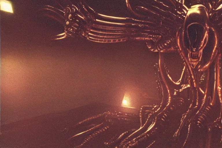Prompt: vintage photo of alien invasion xenomorph giger style, flash photography at night, retro 1 9 7 0 s kodachrome