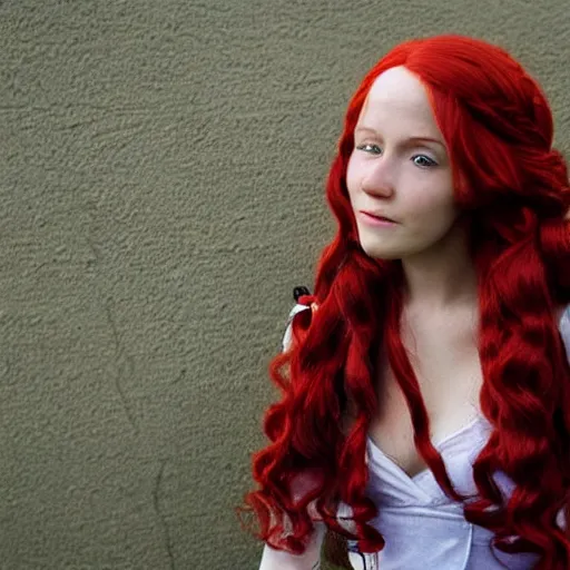 Prompt: woman with long curly red hair in villager cosplay from super smash brothers video game. relaxed. realistic photo. cosplay photoshoot. high detail. convention photo.