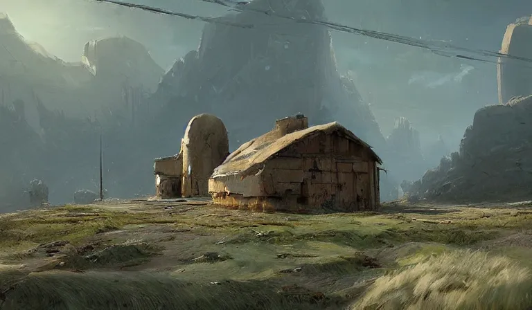 Prompt: A serene landscape with a singular building in the style of Eytan Zana.