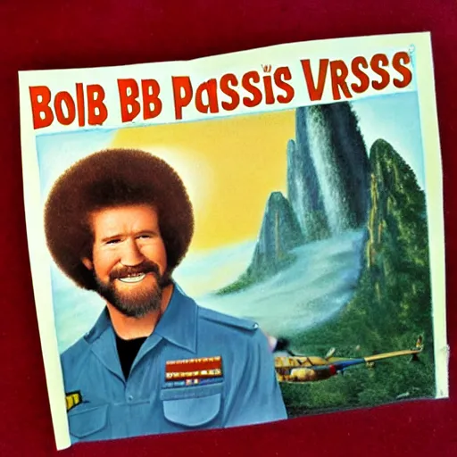 Prompt: Bob Ross in Vietnam Helicopter, Propaganda style