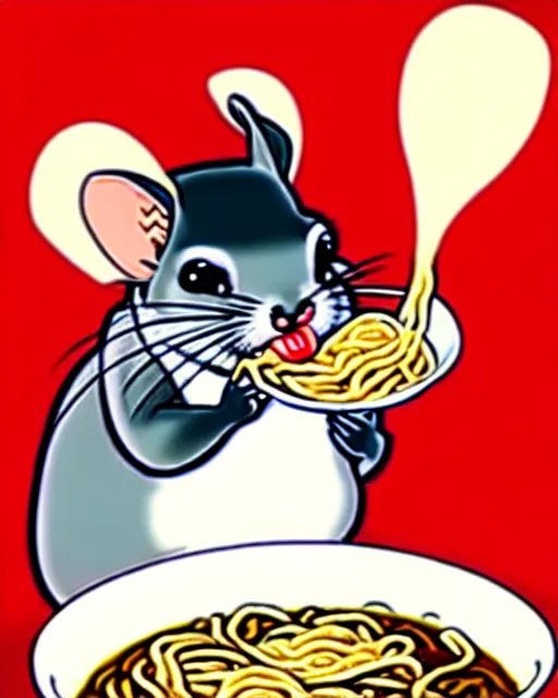 Image similar to cartoon chinchilla eating ramen, disney, hanna barbera