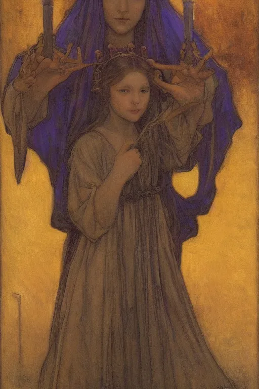 Prompt: child of darkness with her crown and lantern, by Annie Swynnerton and Nicholas Roerich and jean delville, dramatic cinematic lighting , ornate headdress , flowing robes, sacred artifacts, lost civilizations, smooth, sharp focus, extremely detailed