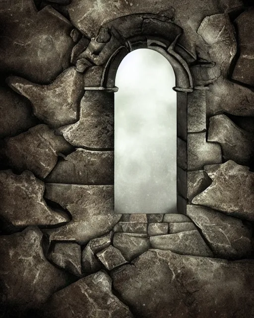 Prompt: ! dream a lovecraftian ghost realm doorway in the center of old stone wall photorealistic vivid