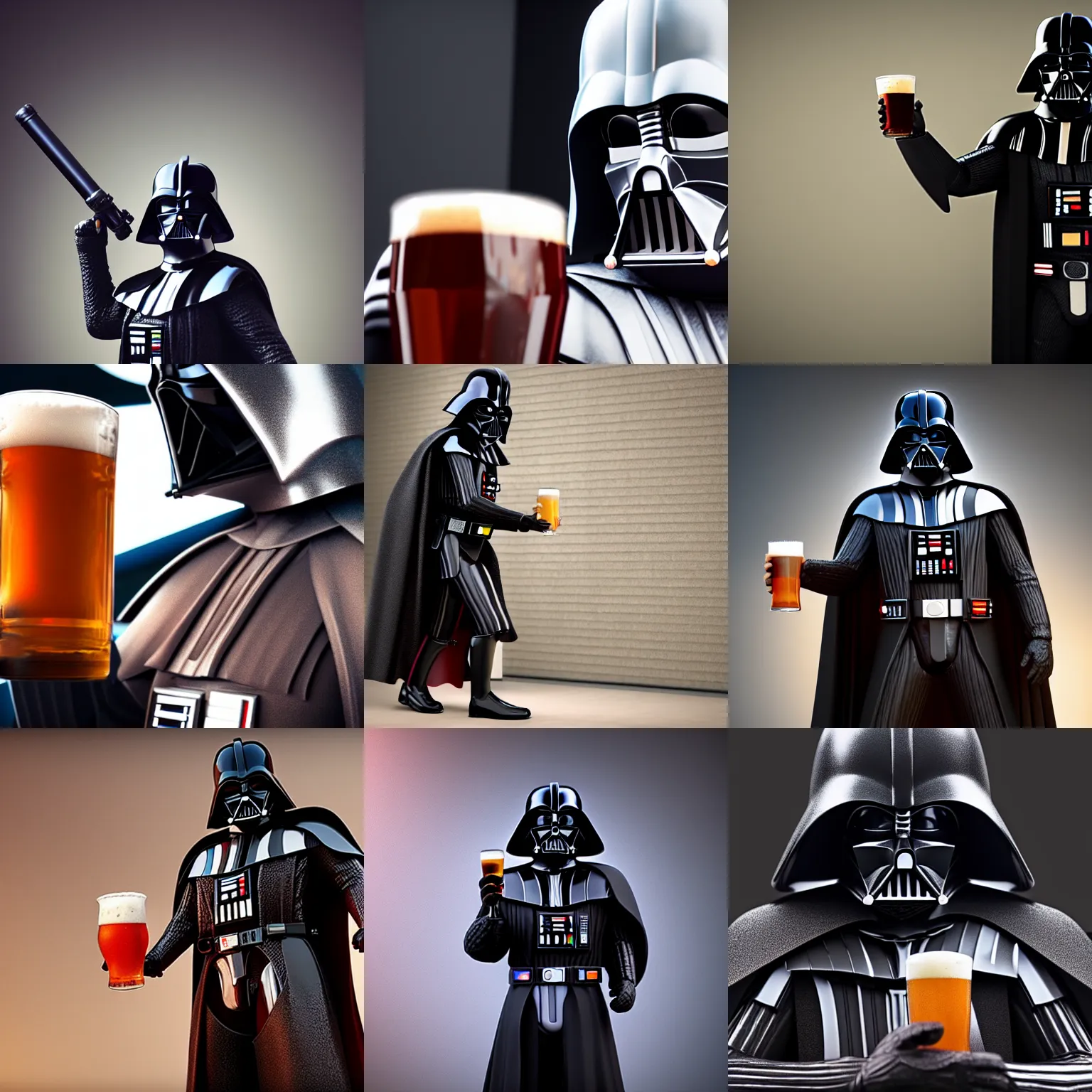 Prompt: still of darth vader holding a pint of beer, hyperrealistic, unreal engine, octane render, 4 k, detailed, studio lighting, trending on artstation, sigma 8 5 mm