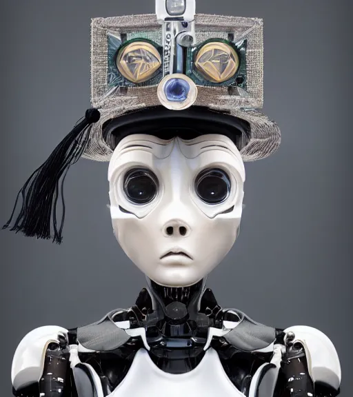 Image similar to a portrait of a extremely intricately detailed beautiful robot wearing on its head a perfect black graduation hat, realism. concept art. unreal engine 5, f / 1. 8, v - ray, ultra hd, 8 k, graduation photo, atmospheric beautiful background and beautiful lighting. hyper realism.