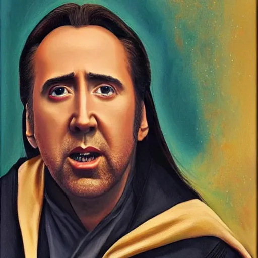 Prompt: gorgeous painting of nicolas cage wearing robes, as professor of dark arts in hogwarts, oil on canvas, ultra detailed