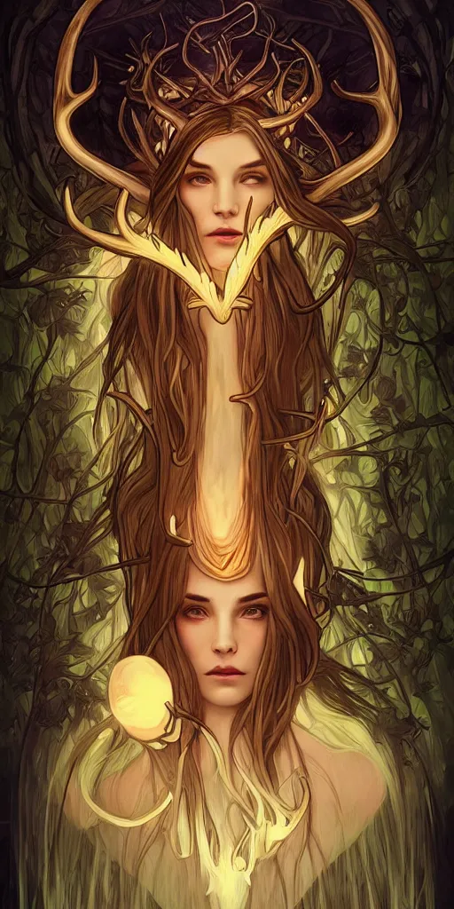 Image similar to intense bioluminescent glowing pagan god with antlers and tusks and pure black eyes in very dark forest by artgerm and alphonse mucha, portrait, fantasy, clear, light beams, lens flare, intense, uhd, amazing depth, cinematic lighting