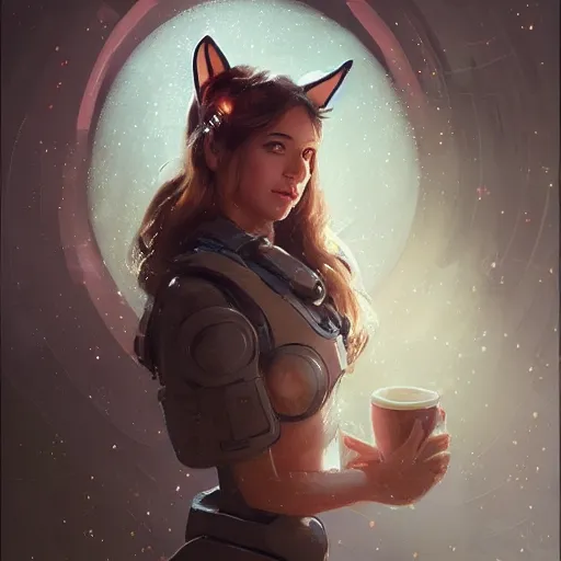 Prompt: portrait of a beautiful cute girl with robot ears by greg rutkowski, 4k, intricate details, coffee and stars background