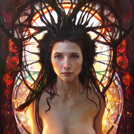 Image similar to an acrylic on canvas portrait of Kramer Shaman Lightworker Alchemist Druid, Mystery, Love, wholeness, rooted lineage, web of life, open eye freedom by Greg Rutkowski, Artgerm and Alphonse Mucha. Epic fantasy art.