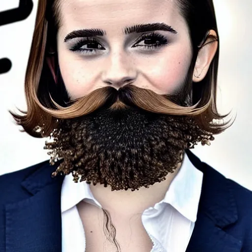 Image similar to emma watson with a full beard and mustache