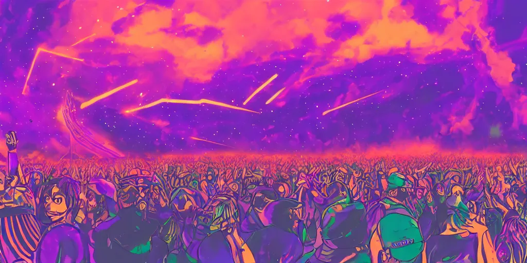 Prompt: view from stage as purple lightning strikes while rapper performs at festival, psychedelic light show, digital art, vapor wave, hip hop, trending on Artstation, professional artist, detailed, 4k