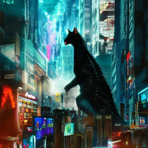 Prompt: bombay cat attacking a cyberpunk city like godzilla, cinematic, colorful, funny, chaotic, 8 k, computer wallpaper.