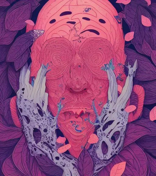 Prompt: portrait, nightmare anomalies, leaves with salmon sword by miyazaki, violet and pink and white palette, illustration, kenneth blom, mental alchemy, james jean, pablo amaringo, naudline pierre, contemporary art, hyper detailed