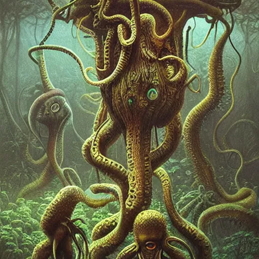 Prompt: a hyperrealistic painting of a tentacled alien lifeform in the middle of an alien jungle, bioluminescent plants, by john kenn mortensen and zdzislaw beksinski, highly detailed, vivid color,