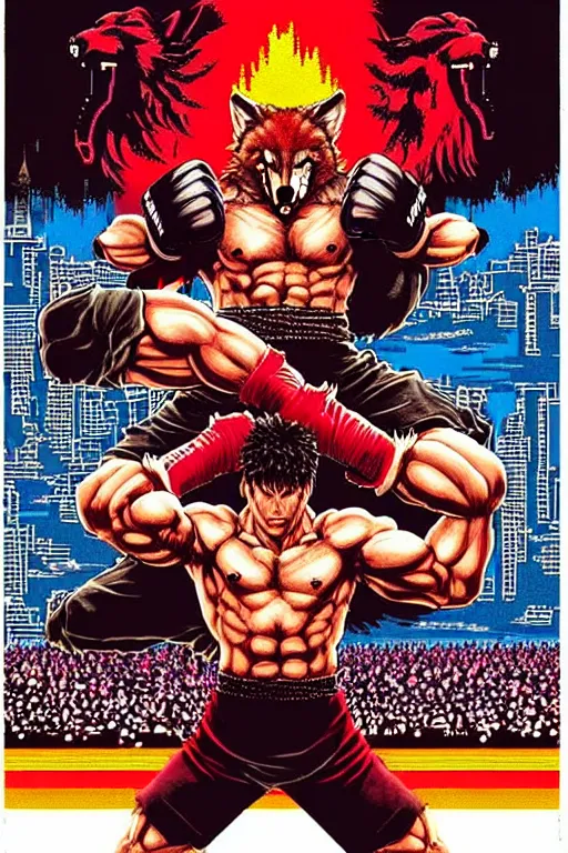 Prompt: extreme long shot. 8 bit nes graphics. antropomorphic muscular masculine wolf. kickboxer fighter, in shorts. wolf head. fine details, very sharp, art from nes game cartridge, 8 0's, vhs artefacts, vaporwave style, marc simonetti and hermann nitsch. streetfighter, kung fury movie