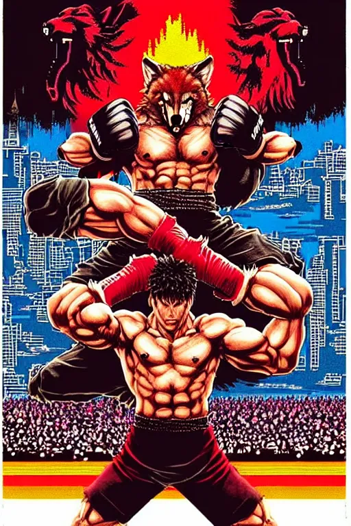 Image similar to extreme long shot. 8 bit nes graphics. antropomorphic muscular masculine wolf. kickboxer fighter, in shorts. wolf head. fine details, very sharp, art from nes game cartridge, 8 0's, vhs artefacts, vaporwave style, marc simonetti and hermann nitsch. streetfighter, kung fury movie