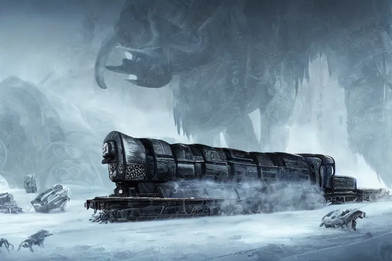 Image similar to a grand intricate futuristic black steam train next to a giant mammoth, post - apocalyptic ice landscape in snowstorm, concept art, artstation, highly detailed, digital art