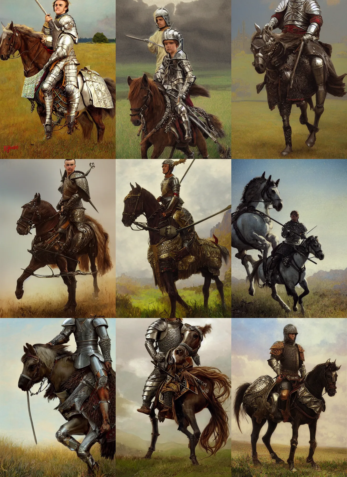 Prompt: frankie muniz young with medieval armor, on horse, field background, intricate, elegant, highly detailed, artstation, sharp focus, illustration, rutkowski, mucha