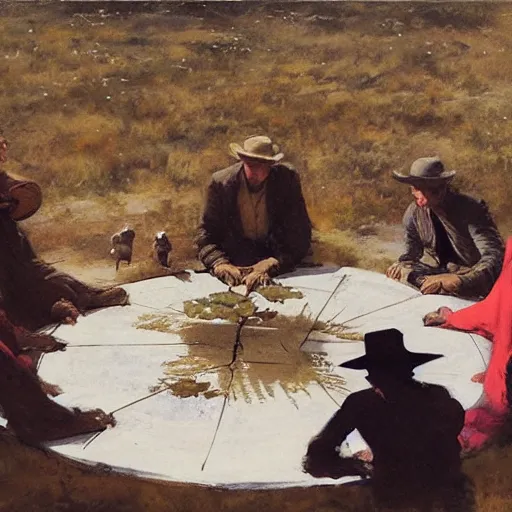 Image similar to rigorous, manmade by diego dayer, by howard pyle. a beautiful land art of a group of people standing around a circular table. in the center of the table is a large, open book. the people in the land art are looking at the book with interest & appear to be discussing its contents.