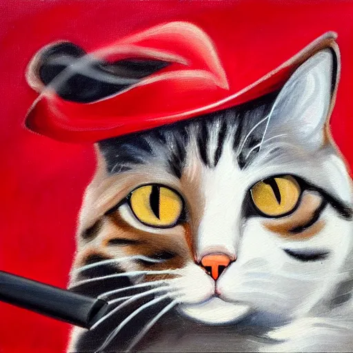 Prompt: oil painting of a cat in a red suit smoking a cigar