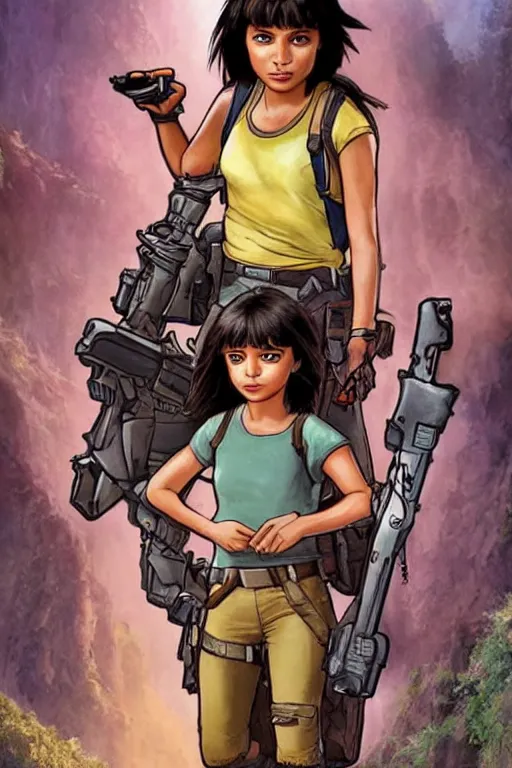 Prompt: Dora the Explorer (played by Isabela Merced) vs Lara Croft (played by Angelina Jolie), movie concept art, film by James Bobin and Simon West