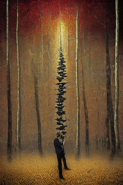 Image similar to immaculate painting of A Beautiful fine detailed gold and red and black Forest Illusion by erik johansson micro detailing