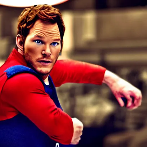 Image similar to chris pratt as mario, move still, cinematic lighting