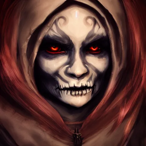 Image similar to portrait of a beautiful female gnome, skull facepaint, dark robes, moonlight, D&D, sharp focus, concept art, realistic, cinematic lighting, fantasy digital painting