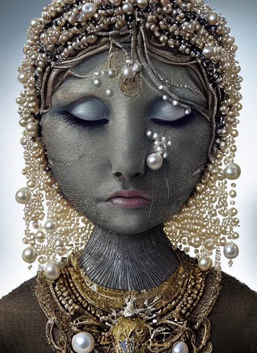 Image similar to hyperrealism, detailed textures, award winning autochrome photo, symetrical alien pearl medusa queen autochrome pearl portrait, pearl silverplate, intricate, detailed facial pearl animal mask, pearl, golden jewelery, silverplate, ultra realistic, cinematic, intricate, cinematic light by steve mccurry, unreal engine 8 k