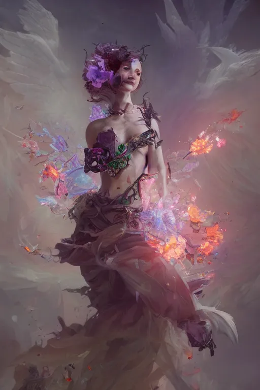 Image similar to beautiful girl necromancer, witch - doctor exploding into flowers fire crystal dress, angels, 3 d render, hyper - realistic detailed portrait, holding electricity and birds, ruan jia, wlop. scifi, fantasy, magic the gathering, hyper detailed, octane render, concept art by artgerm, peter mohrbacher