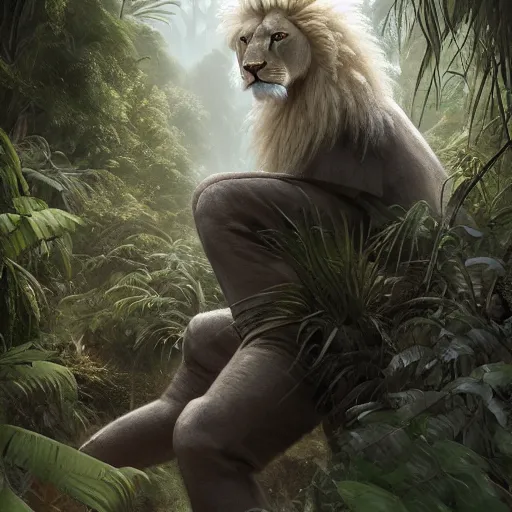 Image similar to commission portrait of a male anthro albino lion,wearing cargo pants and a boack t-shirt,going through a jungle cautiously.dramatic,character design by charles bowater,greg rutkowski,ross tran,hyperdetailed,hyperrealistic,4k,deviantart,artstation,professional photography,concept art