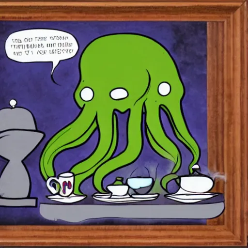 Prompt: A portrait of Cthulhu making a cup of tea and chilling out