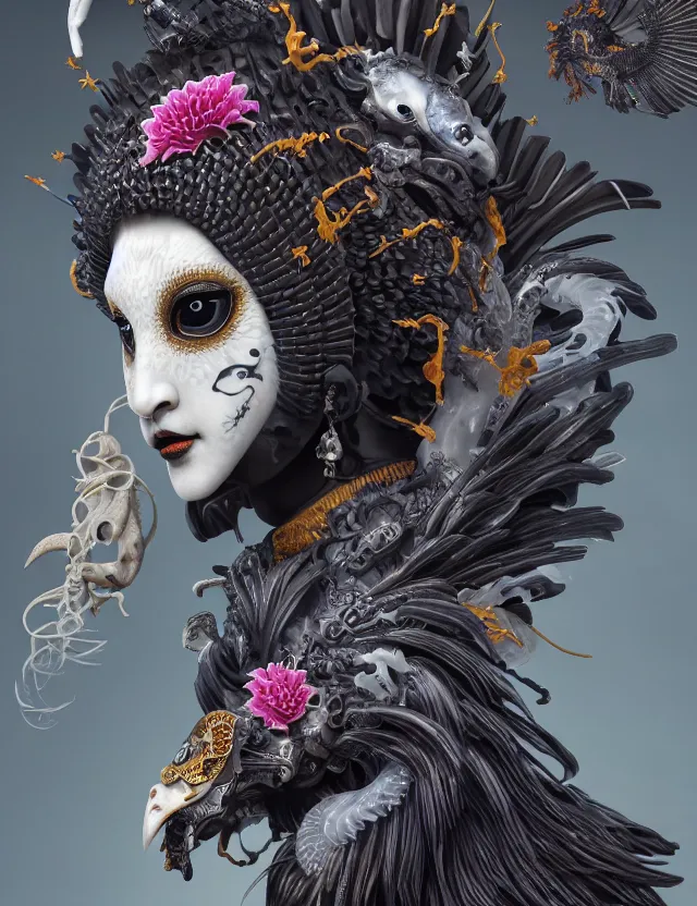 Image similar to 3 d goddess of death close - up profile portrait with ram skull. beautiful intricately detailed japanese crow kitsune mask and clasical japanese kimono. betta fish, jellyfish phoenix, bio luminescent, plasma, ice, water, wind, creature, artwork by tooth wu and wlop and beeple and greg rutkowski