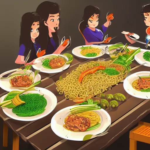 Image similar to a group of komodo dragons having a feast consisting of only indomie instant noodles on a fancy dining table, digital art, concept art, cartoon style, trending on artstation