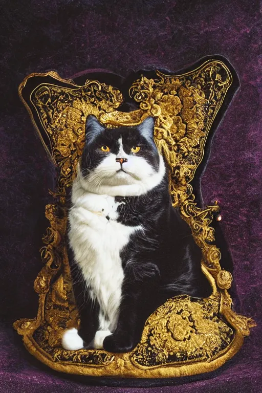 Prompt: a magnificent tintype portrait of a fluffy fat cat on an embroidered velvet cushion on a neo - rococo gilded little bed with precious stones, balls of yarn, by david lachapelle, photorealistic, photography, wide shot