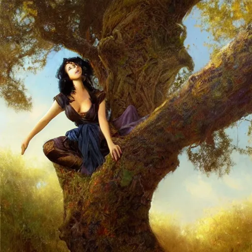 Image similar to portrait of a strong woman resting on a large tree, short black hair, thoughtful experssion, minimal dark blue clothing, sharp focus, ultra realistic digital painting, colorful, backlit, high fantasy, intricate, highly detailed, smooth, elegant, gaston bussiere, bayard wu, greg rutkowski