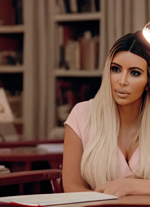 Image similar to film still of kim kardashian as a hot blonde teacher, leaning over a table, cinematic lighting,